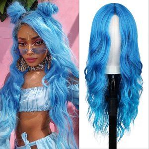 26 INCH Long Blue Wavy Middle Part Wig